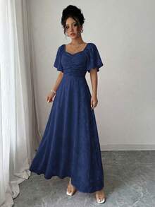 Modelyn Elegant V-Neck Ruffle Sleeve Ruched Waist Dress, Pink, Summer - Royal Blue - View 4