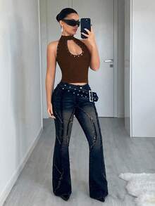 Jeanoix Women's Fashion Rivet Hollow Front Tight Halter Neck Tank Top, Summer Brown Top Sexy Tops For Club Brown Studded Top Women Sexy Tops - Coffee Brown - View 5