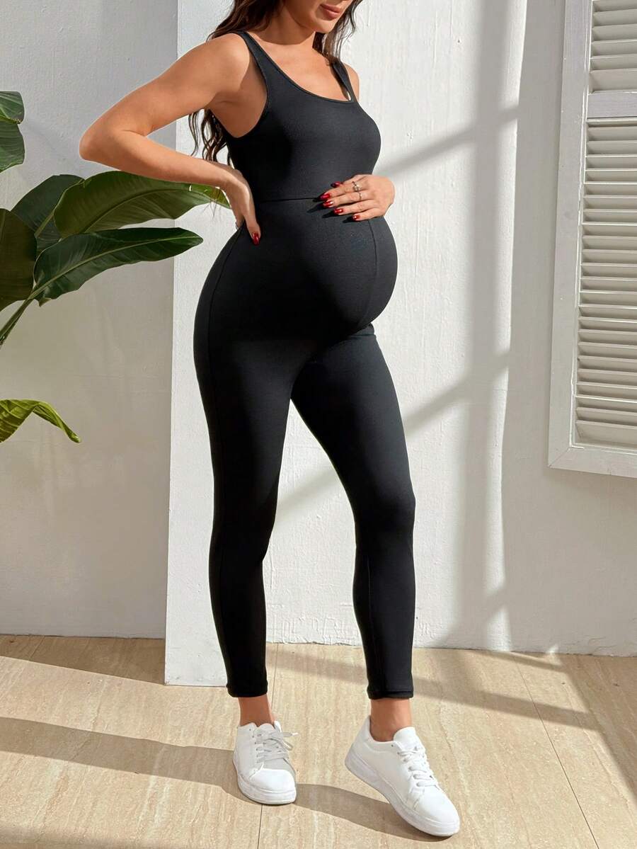 SHEIN Women Solid Ribbed Crew Neck Skinny Jumpsuit, Maternity Summer Jumpsuit - Black - View 1