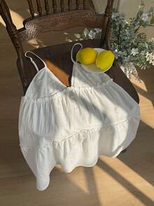 Sweetra 优雅法式浪漫少女风弹力蕾丝设计度假连衣裙，百搭白色短款俏皮连衣裙，适合夏季穿着 - 白色 - 查看 6