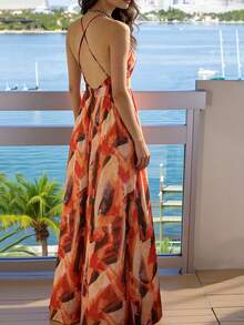 Balvessa 女士深V领印花腰部喇叭下摆度假连衣裙 - 彩色 - 查看 2