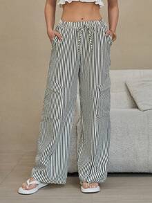 HautHeat Women's Striped Drawstring Waist Pockets Casual Loose Fit Wide Leg Pants, Suitable For Daily Wear And Home - Apricot - View 1