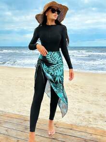 Swim Mulvari 2 piezas Conjunto burkini de mujer con estampado floral tropical + falda con cordón, conjunto de playa de cobertura completa para vacaciones, primavera/verano - Negro - Ver 3