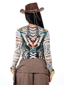 SUMWON WOMEN Printed Mesh Long Sleeve Crop Top With Mixed Animal Print Butterfly Design Colorful Graphics - Multicolor - View 2