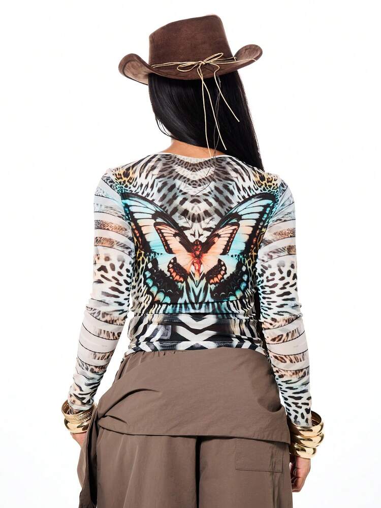 SUMWON WOMEN Bedrucktes, langärmeliges Crop-Top aus Mesh