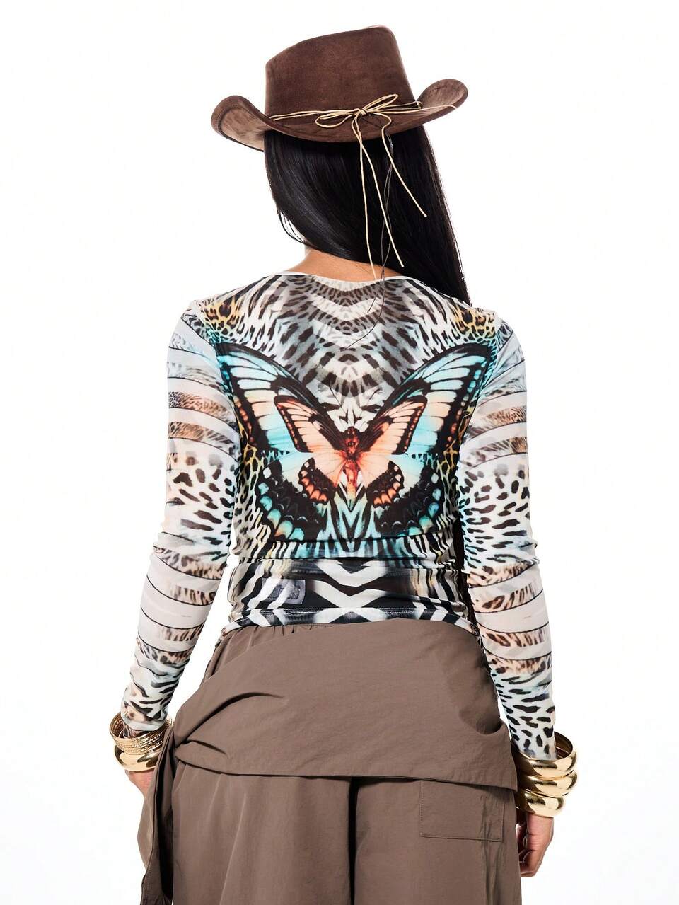 SUMWON WOMEN Printed Mesh Long Sleeve Crop Top