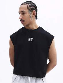 SUMWON 男士纽约标志无袖圆领背心，休闲夏季必备T恤，基础棉混纺运动衫 - 黑色 - 查看 1
