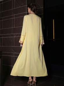 Layrah Bata con cuello en V color amarillo pálido, mangas acampanadas bordadas, para primavera/verano - Amarillo - Ver 3