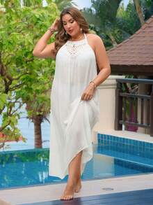 Swim Lushoire Vestido de playa informal semitransparente para vacaciones, talla grande para mujer - Blanco - Ver 4