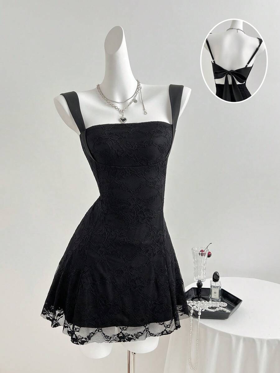 Elamini 女士休闲性感露背蕾丝收腰连衣裙 - 黑色 - 查看 1