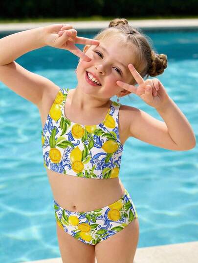 SHEIN Sunshine Lemon Yellow, Fashionable Retro Lemon Floral Print, Young Girls Casual Minimalist Camisole & Triangle Bikini Swimwear Set, Suitable For Summer Vacation, Beach, Pool, Beachwear, Resort Style, Vacation Outfits, Retro Style