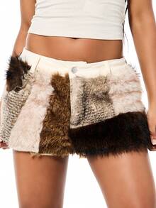 SUMWON WOMEN Shorts de mezclilla con parches y textura de estampado de animales mixtos, con cierre de botón, para otoño e invierno - Multicolor - Ver 4