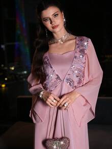 Layrah Elegante vestido de cuello cuadrado con bordado de cuentas y mangas acampanadas 2 en 1, para primavera/verano - Rosa - Ver 8