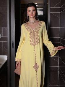 Layrah Bata con cuello en V color amarillo pálido, mangas acampanadas bordadas, para primavera/verano - Amarillo - Ver 7