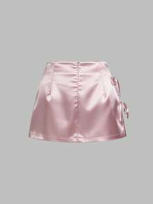 Sweetra Spring/Summer Bowknot Tie Sexy Slit A-Line Satin Women's Pink Mini Skirt, Suitable For Daily Wear - Pink - View 2