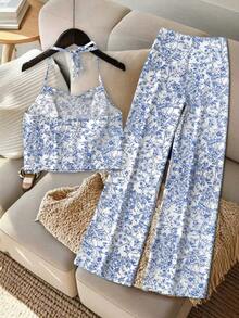 Franclia 2件套女士印花性感露背吊带背心和裤子套装，夏季服装 - 藍色 - 查看 2