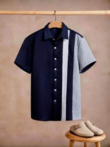 Manfinity Homme 男士条纹单排扣休闲/商务短袖衬衫 - 彩色 - 查看 7