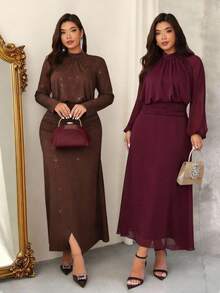 Firerie Elegant Coffee Brown Plus Size Maxi Dress For Women With Ruched Round Neck And Long Sleeves Knitted A-Line Wrap Hem - Coffee Brown - View 8