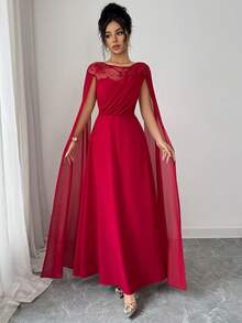 Rafferiza 女士长袖撞色网纱刺绣连衣裙 - 紅色 - 查看 4