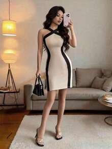 Rafferiza 女士优雅撞色交叉绑带修身迷你连衣裙 - 杏色 - 查看 2