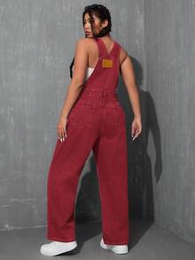 SHEIN ICON 大码纯色宽松无袖方领百搭牛仔连体裤，夏季 - 玫紅色 - 查看 2