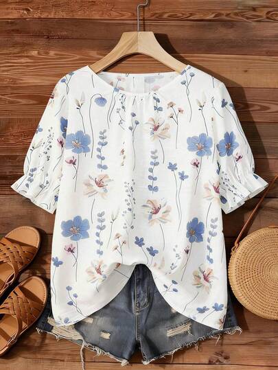 Linhara Plus Size Women's New Round Neck Puff Sleeve Decorative Button Floral Print Shirt Short Sleeve Summer Tops Floral Blouse Women Cotton Blouses Cotton Tops Women Summer Casual Tops Women Summer