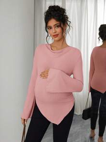 SHEIN Áo thun bầu cổ cao tay chuông vạt lệch bất đối xứng có dây rút, trang phục thu đông dành cho nữ. - Hồng - Xem 5