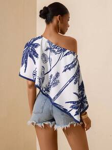 Vesra Women's Fashion Casual Asymmetric Printed Shoulder Top - Blue and White - View 2