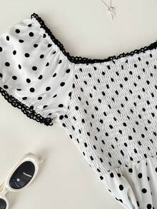 Elamini Women's Polka Dot Print Casual Short Sleeve Dress White Polka Dot Dress Polkadot Dress Mini Dress Summer Dress Cute Dress - Black and White - View 6