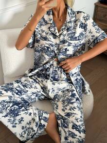 CottageSlumber 撞色滚边花卉风景印花翻领短袖睡衣套装（女士） - 彩色 - 查看 1