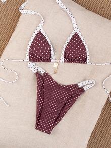 Swim Mod Women's Summer New Polka Dot Contrast Color Print Sexy 70s Retro Backless Bikini Set With Triangle Bag, Suitable For Beach Party Vacation - Multicolor - View 8