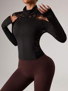Dewbera Dewbera Women's Geometric Mesh Patchwork Long Sleeve Sports Jacket - Black - View 5