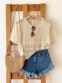 SHEIN Women's Summer Vacation Round Neck Short Sleeve Hollow Out Knit Top - Apricot - View 1