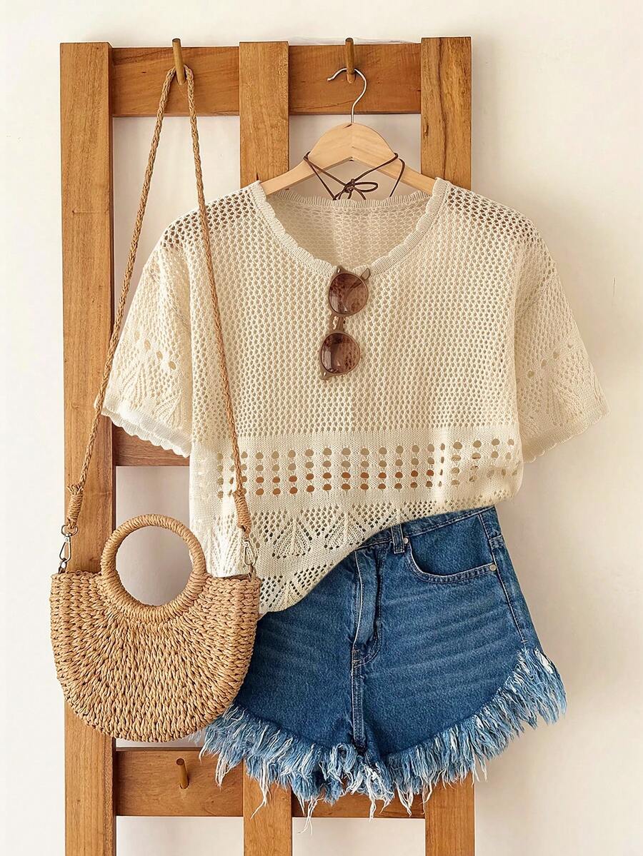 SHEIN Women's Summer Vacation Round Neck Short Sleeve Hollow Out Knit Top - Apricot - View 1