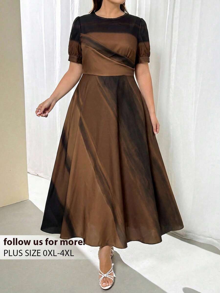 Firerie Spring & Summer Green Tie-Dye Tie Dye Pattern Elegant Maxi Dress With Puff Sleeves, Suitable For Graduation, Renaissance Fair - Coffee Brown - View 1