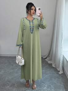 Yasmyna 女士宽松长袖碎花镂空领连衣裙 - 綠色 - 查看 3