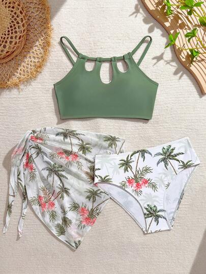 Tween Girl Solid Color Hollow Out Halter Tankini Swimwear Set With Mini Skirt