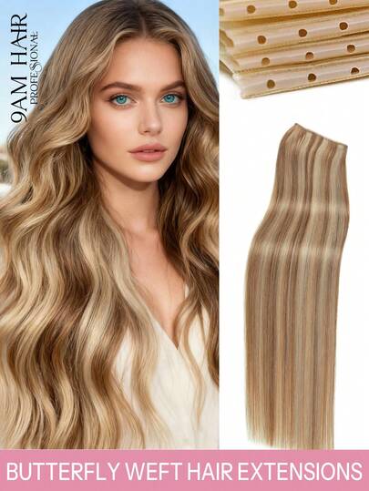 9AM HAIR Butterfly Weft Hair Extensions Human Hair Glueless OVO Pu Hole Genius Hand Tied Invisible DIY Double Weft Hair Extensions Straight 1pc 16 Inches