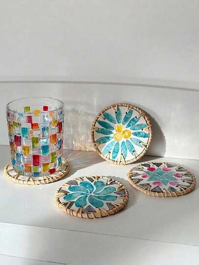 1 وسادة من القش والصدف بقطر 10 سم، وسادة دائرية ملونة بطراز بوهيمي، هدية لطاولة القهوة أو عيد الميلاد أو التخرج