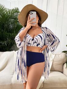 SHEIN Swim Lushore Plus Size Women Tie-Dye Print Padded Bikini Set With Robe Coverup - Multicolor - View 1
