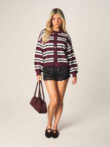 MISSGUIDED Cropped Button Front Striped Knit Cardigan With Ribbed Cuffs Fall Winter Long Sleeve Open Front Sweater - Multicolor - View 3