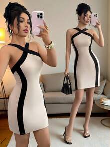 Rafferiza 女士优雅撞色交叉绑带修身迷你连衣裙 - 杏色 - 查看 1