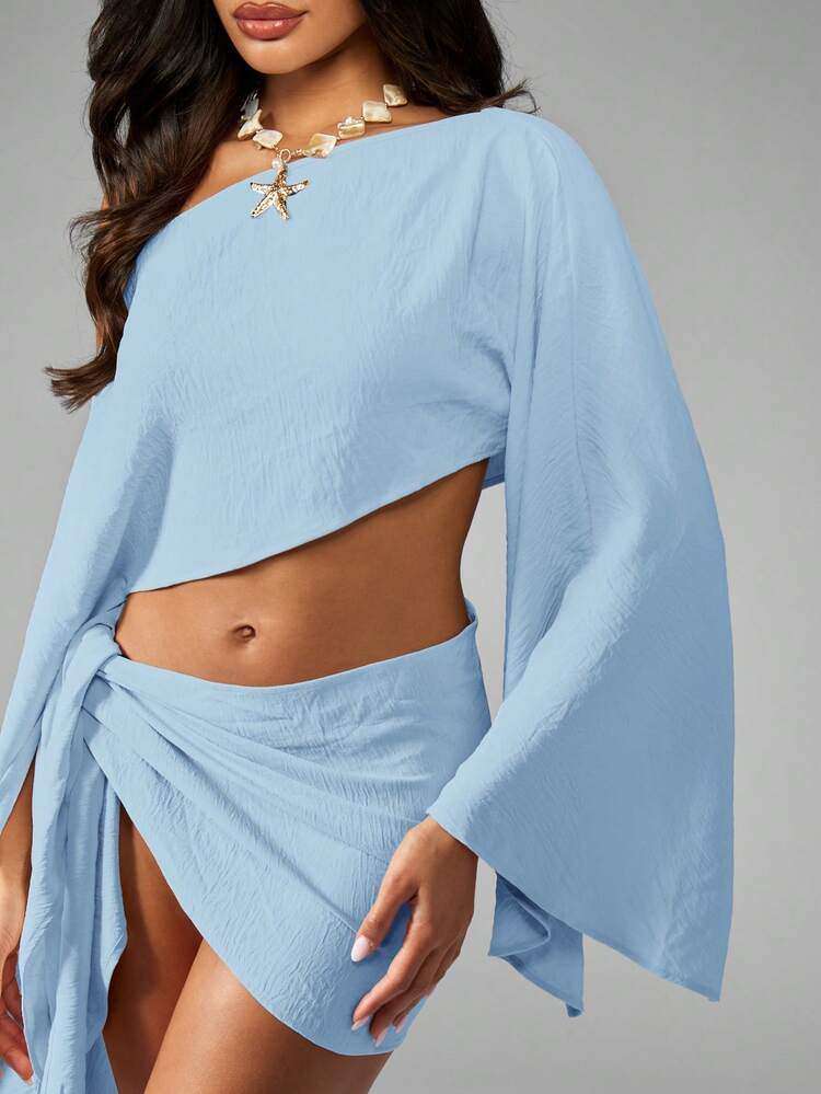 MISSGUIDED Off Shoulder Beach Cover Up With Long Sleeves And Side Tie Mini Skirt Linen Feel Coord Set