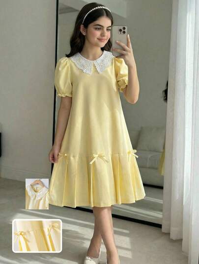 Girls' Casual Fashion Collar Lace Decoration Hem Pleated Design Bow Decoration Short Sleeved Dress With Loose, Comfortable, Soft And Practical Fit Suitable For Autumn, Spring And Summer, Suitable For Daily Wear, Commuting, Outdoor Play, Sports, School, Streetwear, Parties And Photography
