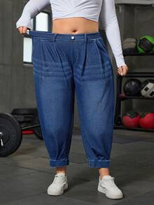 Flexra 大码女式口袋纽扣休闲牛仔哈伦裤，百搭街头风 - 深色水洗藍 - 查看 5