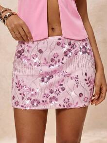 Glamine 新款女士粉色手工3D花朵性感针织亮片裙 四季皆宜 - 粉色 - 查看 5