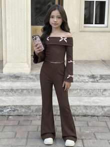SHEIN Girls' Elegant Color Block Bow Decor Textured Fabric Pink Bow Accent Off-Shoulder Flare Sleeve Long Sleeve T-Shirt And Brown Flare Pants 2-Piece Set - Brown - View 14