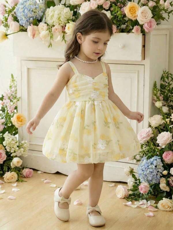 SHEIN Newly Launched Baby Girl's Dress With Flower Digital Print, Suspenders, A Cinched Waist And An Umbrella-Shaped Skirt! It's Comfortable, Fashionable, Outing, Elegant, Sweet, Lovely And In Princess Style, A Must-Have For Daily Wear And .