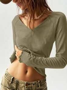 Bohemela 女士度假波西米亚风休闲秋冬 V 领长袖宽松 T 恤 - 軍綠色 - 查看 8