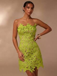 Glamine Elegant Peak Green Water-Soluble 3D Flower Tube Mini Dress - Green - View 3